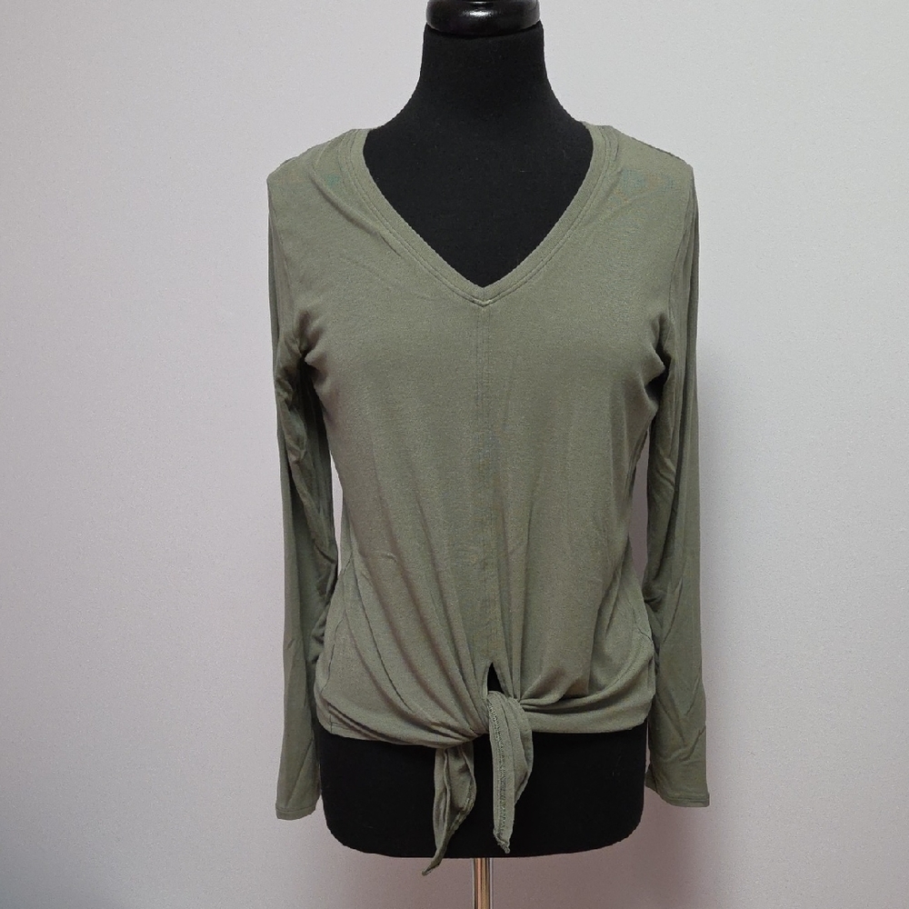 SPANX Olive Green Long Sleeve V-Neck Tie Front Top